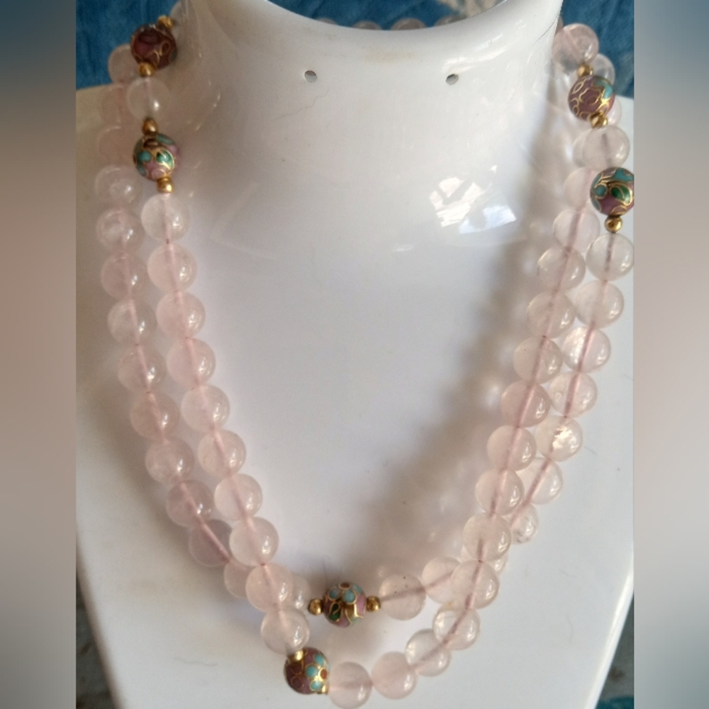 14k Clasp Spacers Rose Quartz Beaded Single Strand Cloisonne Necklace